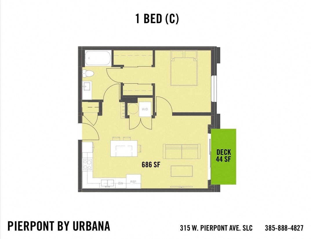 Floor plan for 1 bed, 1 bath, 686 sqft